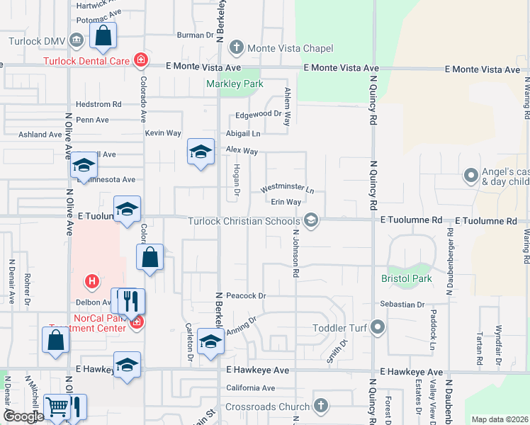 map of restaurants, bars, coffee shops, grocery stores, and more near 1820 Erin Way in Turlock