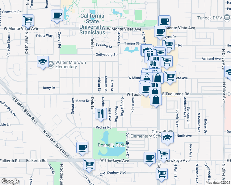 map of restaurants, bars, coffee shops, grocery stores, and more near 2404 Dow Street in Turlock