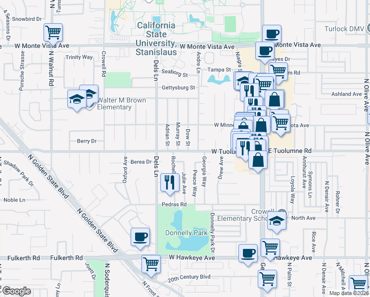 map of restaurants, bars, coffee shops, grocery stores, and more near 2404 Dow Street in Turlock