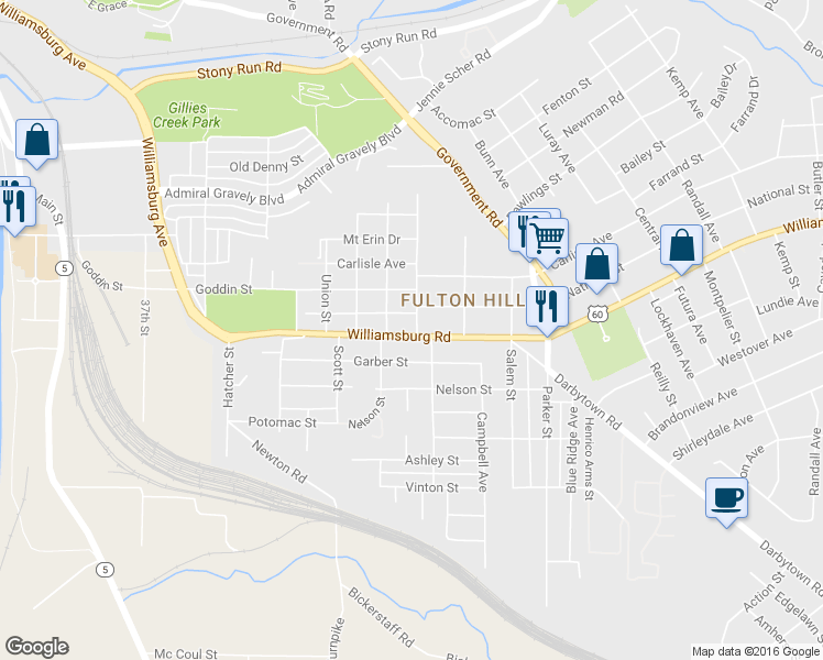map of restaurants, bars, coffee shops, grocery stores, and more near 1402 Williamsburg Road in Richmond