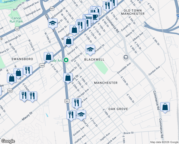 map of restaurants, bars, coffee shops, grocery stores, and more near in Richmond