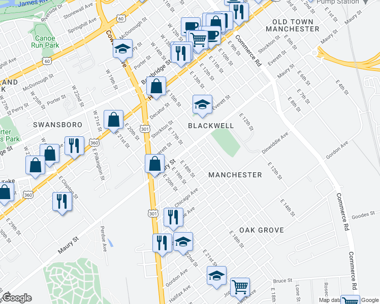map of restaurants, bars, coffee shops, grocery stores, and more near 320 East 17th Street in Richmond