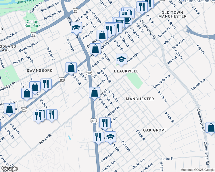 map of restaurants, bars, coffee shops, grocery stores, and more near 320 East 17th Street in Richmond