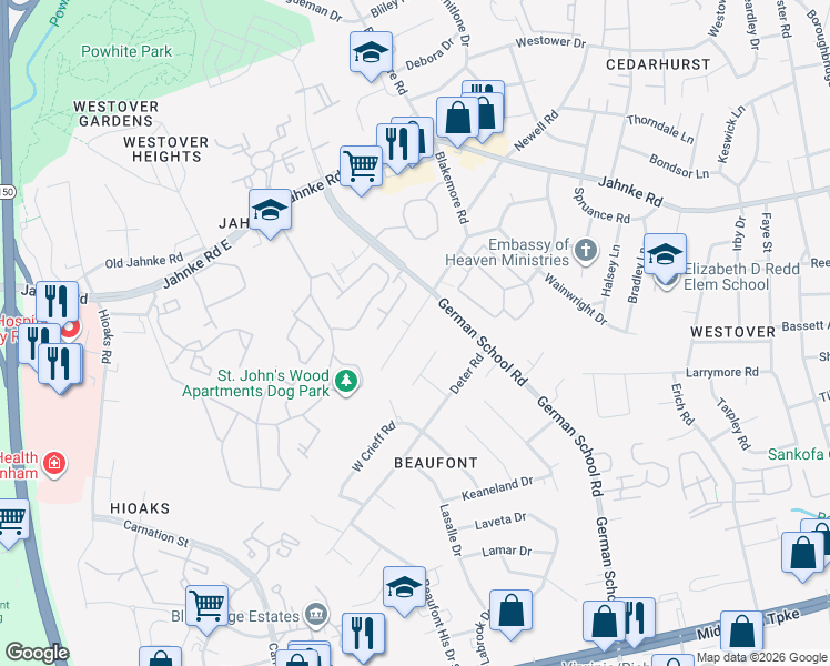 map of restaurants, bars, coffee shops, grocery stores, and more near 6331 Glenway Drive in Richmond