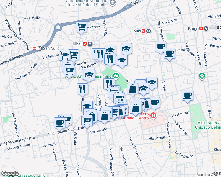 map of restaurants, bars, coffee shops, grocery stores, and more near Piazza Spedini in Catania