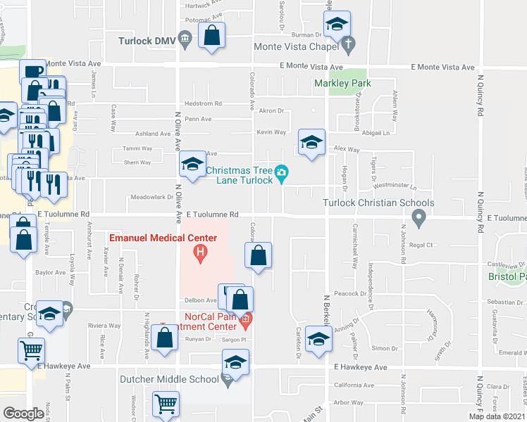 map of restaurants, bars, coffee shops, grocery stores, and more near 2405 Franks Court in Turlock