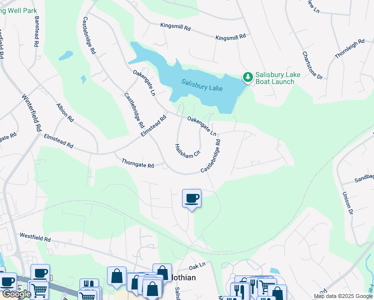 map of restaurants, bars, coffee shops, grocery stores, and more near 13721 Hailsham Circle in Midlothian