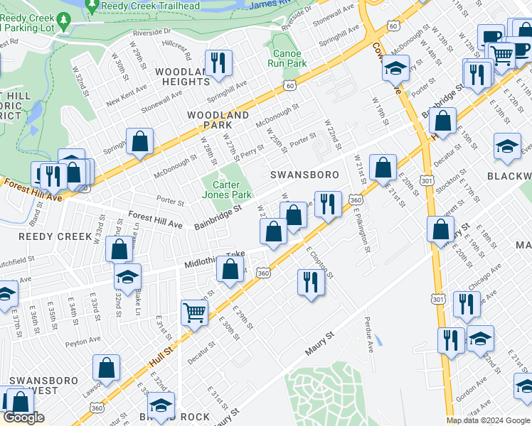 map of restaurants, bars, coffee shops, grocery stores, and more near 63 West 27th Street in Richmond