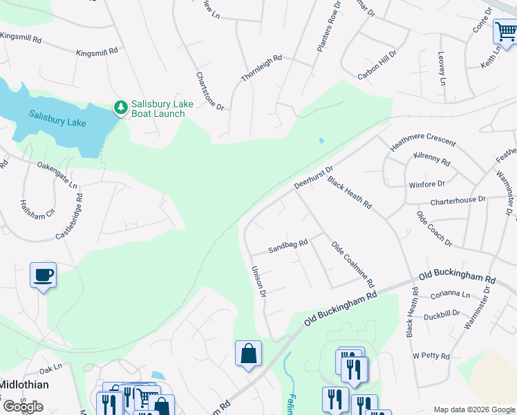 map of restaurants, bars, coffee shops, grocery stores, and more near 12324 Deerhurst Drive in Midlothian
