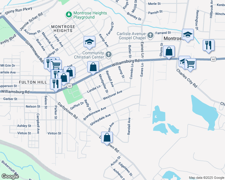 map of restaurants, bars, coffee shops, grocery stores, and more near 5214 Randall Avenue in Richmond
