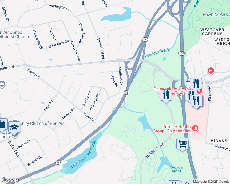 map of restaurants, bars, coffee shops, grocery stores, and more near 1158 Southam Drive in Richmond