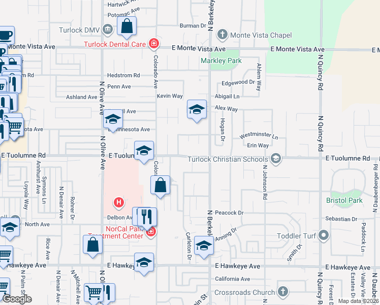 map of restaurants, bars, coffee shops, grocery stores, and more near 1413 East Tuolumne Road in Turlock
