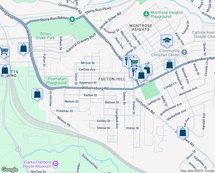 map of restaurants, bars, coffee shops, grocery stores, and more near 1414 Williamsburg Road in Richmond