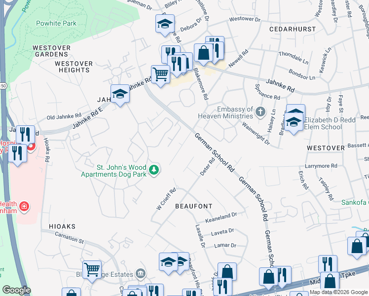 map of restaurants, bars, coffee shops, grocery stores, and more near 6331 Glenway Drive in Richmond