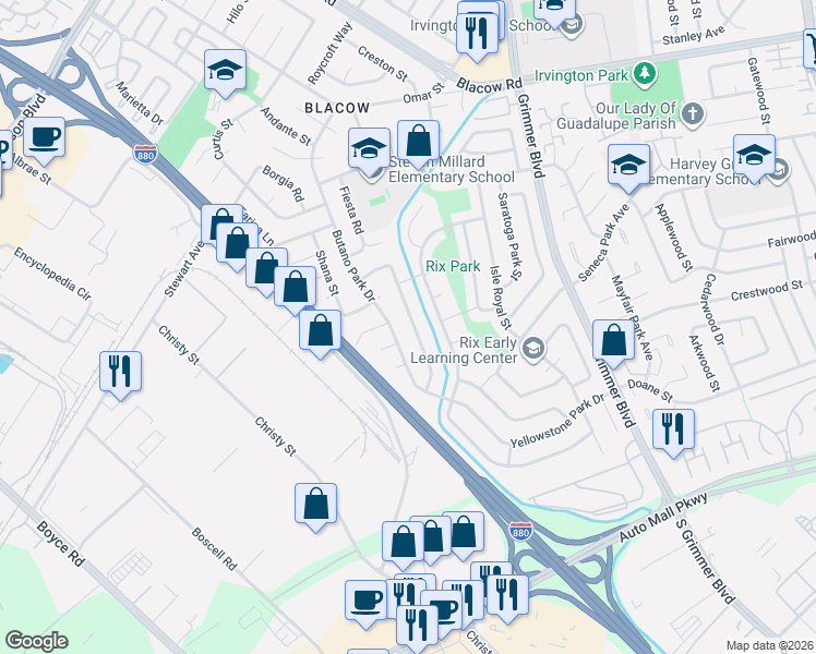 map of restaurants, bars, coffee shops, grocery stores, and more near 5676 Butano Park Drive in Fremont