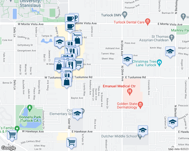 map of restaurants, bars, coffee shops, grocery stores, and more near 2405 Greenboro Street in Turlock