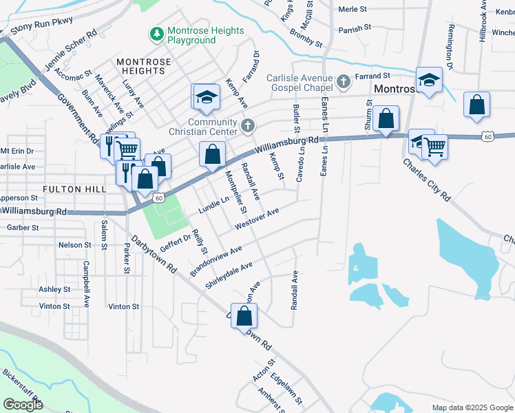 map of restaurants, bars, coffee shops, grocery stores, and more near 5214 Randall Avenue in Richmond