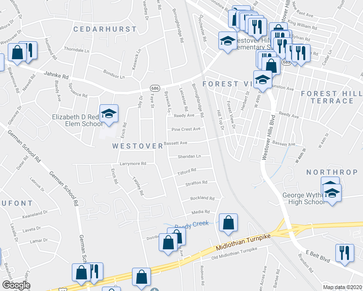 map of restaurants, bars, coffee shops, grocery stores, and more near 5241 Bassett Avenue in Richmond