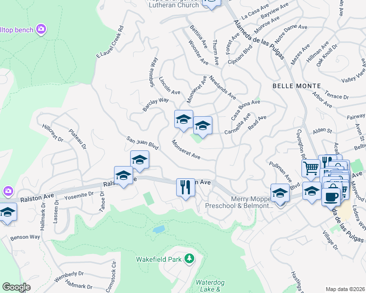 map of restaurants, bars, coffee shops, grocery stores, and more near 2705 Monserat Avenue in Belmont