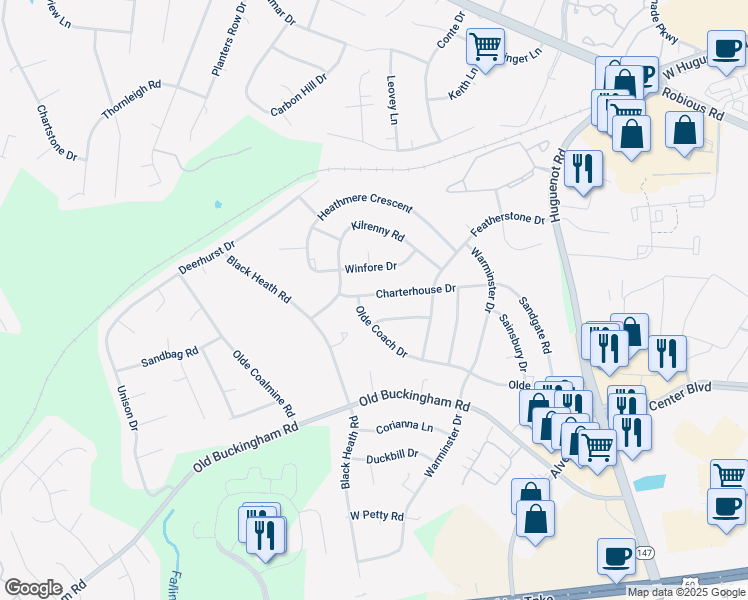 map of restaurants, bars, coffee shops, grocery stores, and more near 11861 Charterhouse Drive in Midlothian