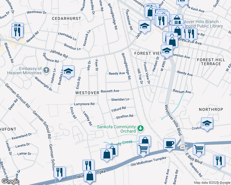 map of restaurants, bars, coffee shops, grocery stores, and more near 5241 Bassett Avenue in Richmond