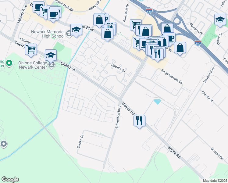 map of restaurants, bars, coffee shops, grocery stores, and more near 6474 Buena Vista Drive in Newark