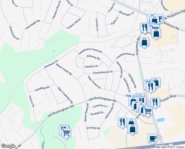 map of restaurants, bars, coffee shops, grocery stores, and more near 11861 Charterhouse Drive in Midlothian