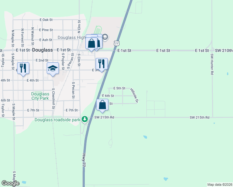 map of restaurants, bars, coffee shops, grocery stores, and more near 1114 E 6th St in Douglass
