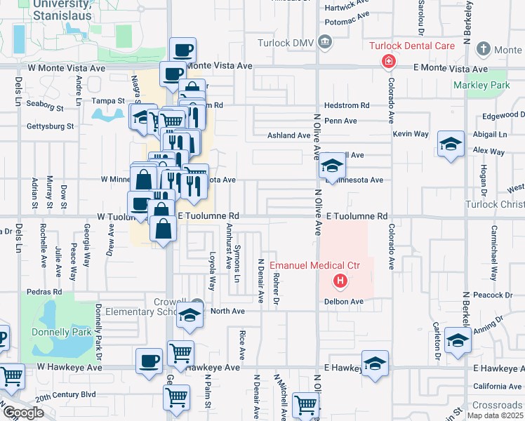 map of restaurants, bars, coffee shops, grocery stores, and more near 491 East Tuolumne Road in Turlock