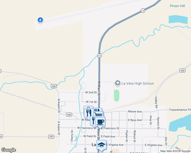 map of restaurants, bars, coffee shops, grocery stores, and more near 343 North Main Street in La Veta