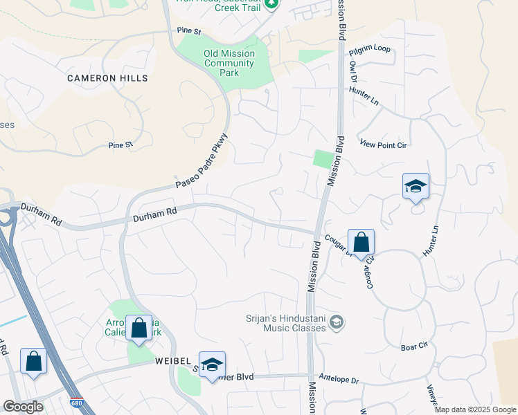 map of restaurants, bars, coffee shops, grocery stores, and more near 715 Sunrise Drive in Fremont
