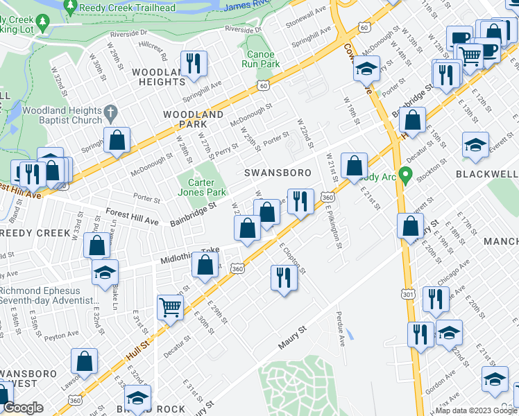 map of restaurants, bars, coffee shops, grocery stores, and more near 60 West Clopton Street in Richmond