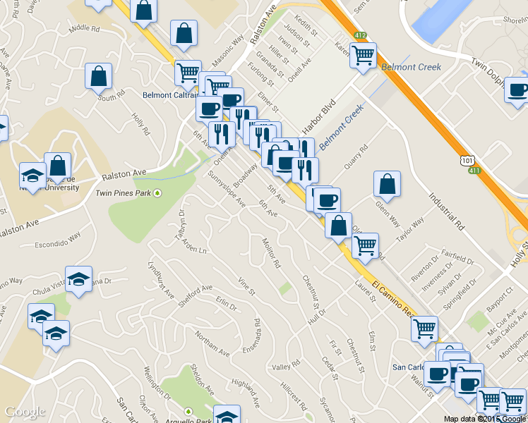 map of restaurants, bars, coffee shops, grocery stores, and more near 1508 6th Ave in Belmont