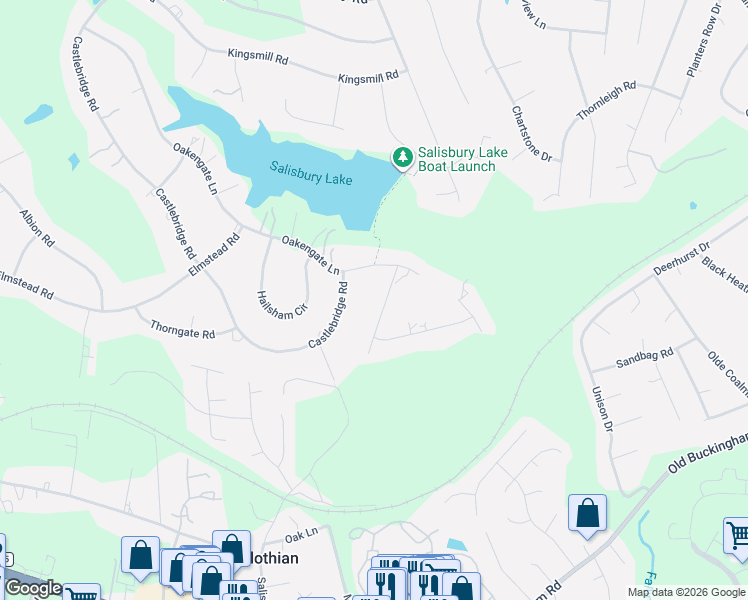 map of restaurants, bars, coffee shops, grocery stores, and more near 1831 Glamorgan Lane in Midlothian