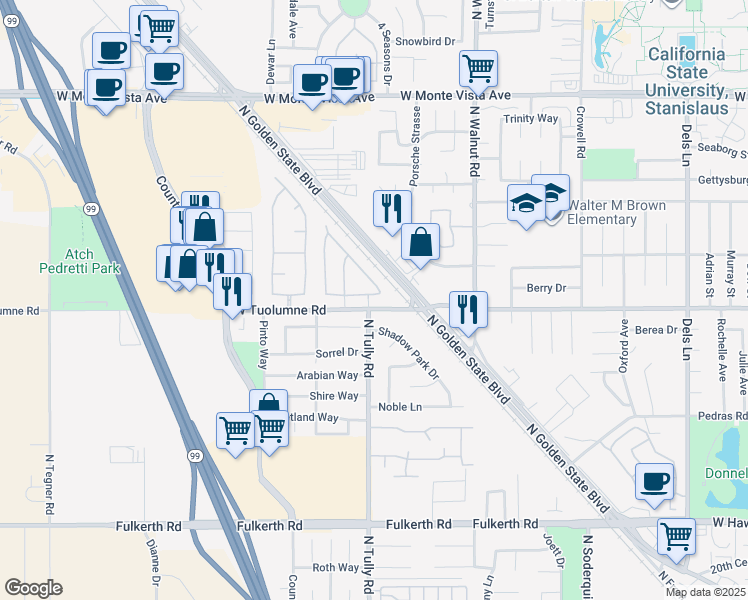map of restaurants, bars, coffee shops, grocery stores, and more near 2080 State Street in Turlock