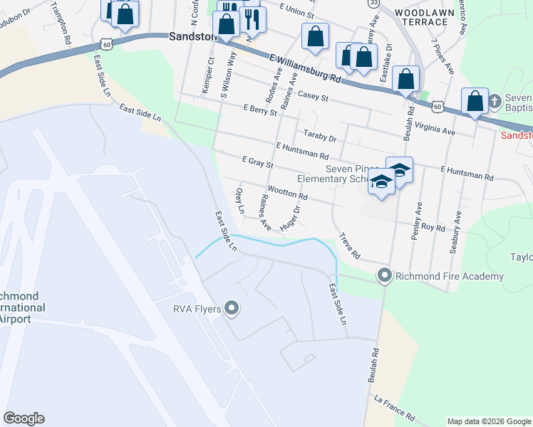 map of restaurants, bars, coffee shops, grocery stores, and more near 406 Raines Avenue in Sandston