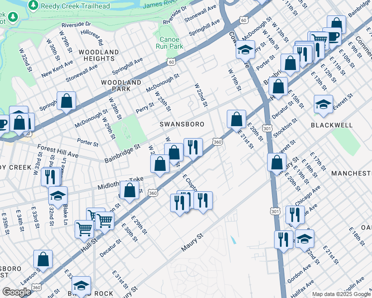 map of restaurants, bars, coffee shops, grocery stores, and more near 2508 Wise Street in Richmond
