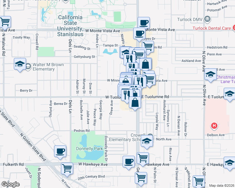 map of restaurants, bars, coffee shops, grocery stores, and more near 2420 Saint Louis Place in Turlock