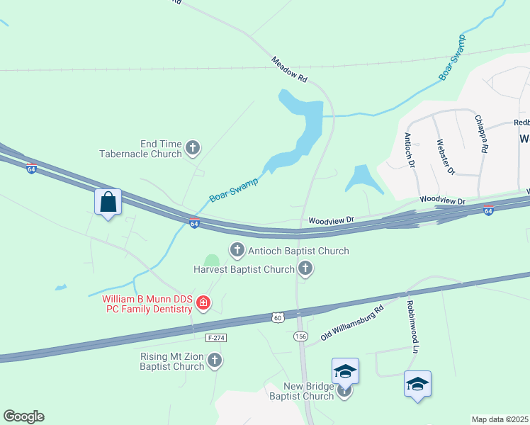 map of restaurants, bars, coffee shops, grocery stores, and more near 3966 Woodview Drive in Sandston