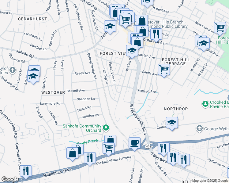 map of restaurants, bars, coffee shops, grocery stores, and more near 706 Forest View Drive in Richmond