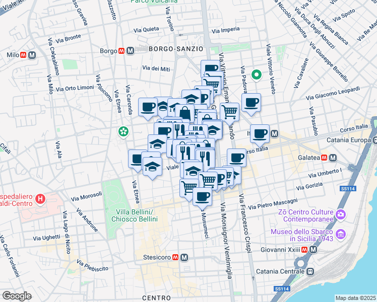 map of restaurants, bars, coffee shops, grocery stores, and more near 124 Via Musumeci in Catania