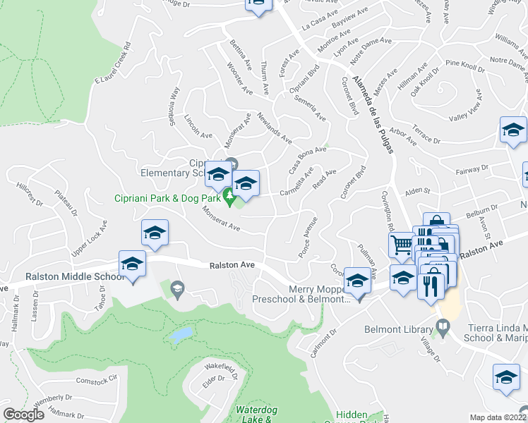 map of restaurants, bars, coffee shops, grocery stores, and more near 2804 Ponce Avenue in Belmont