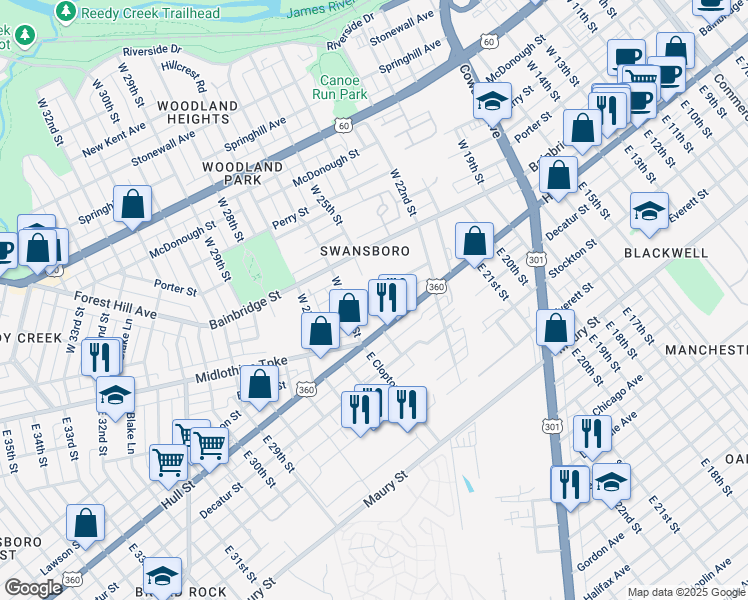 map of restaurants, bars, coffee shops, grocery stores, and more near 2508 Wise Street in Richmond