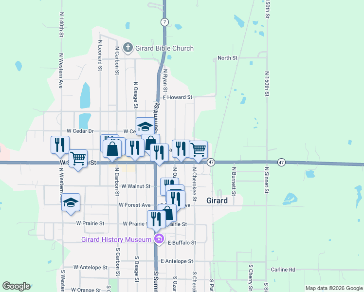 map of restaurants, bars, coffee shops, grocery stores, and more near 250-298 East Maple in Girard