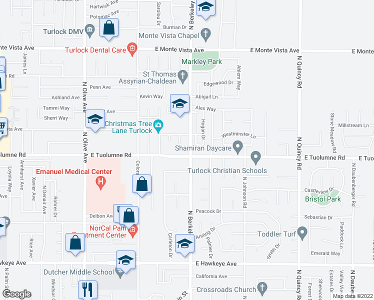 map of restaurants, bars, coffee shops, grocery stores, and more near 2501 North Berkeley Avenue in Turlock