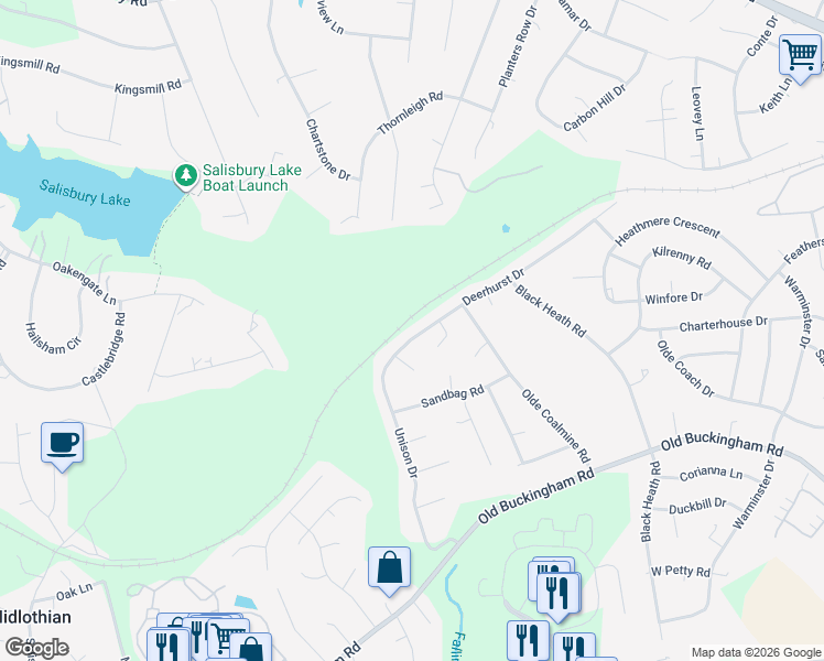 map of restaurants, bars, coffee shops, grocery stores, and more near 12318 Deerhurst Drive in Midlothian