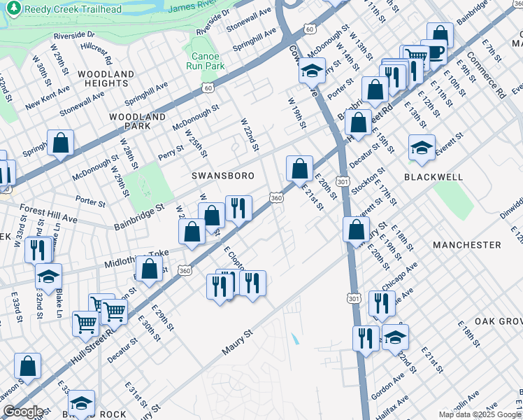 map of restaurants, bars, coffee shops, grocery stores, and more near Hull Street in Richmond
