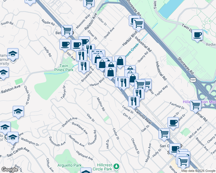 map of restaurants, bars, coffee shops, grocery stores, and more near 1552 5th Avenue in Belmont