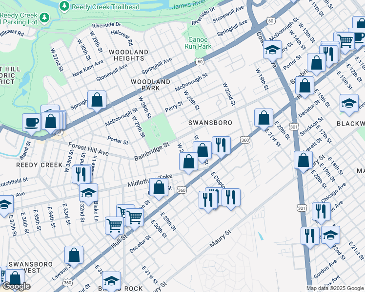 map of restaurants, bars, coffee shops, grocery stores, and more near 67 West 27th Street in Richmond