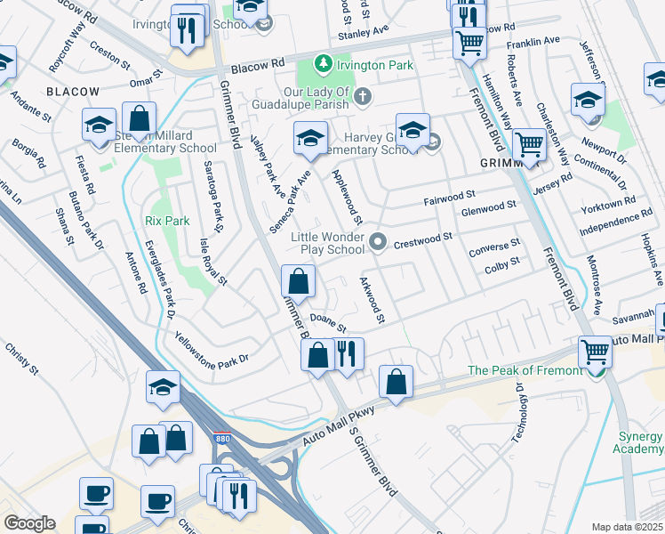 map of restaurants, bars, coffee shops, grocery stores, and more near 4566 Crestwood Street in Fremont